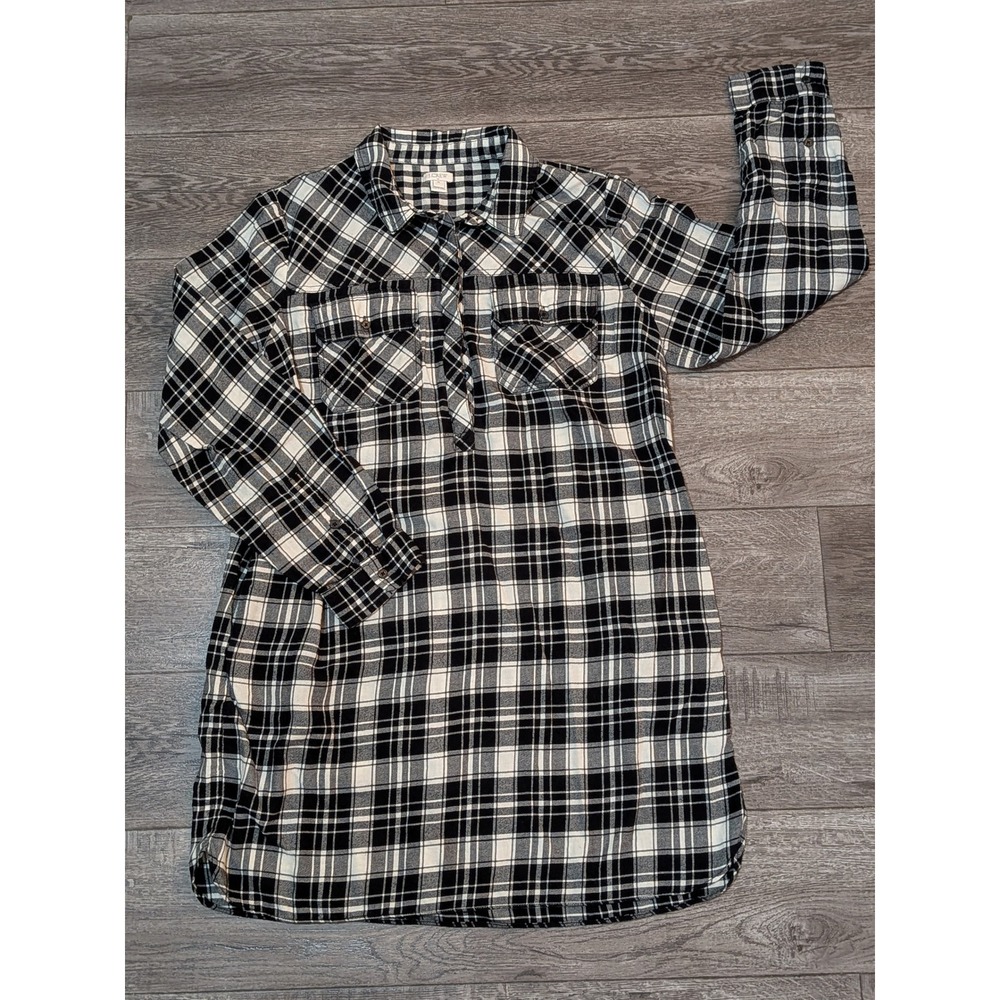 J.Crew Black White Plaid Flannel Shirt Dress XL Cotton Long Sleeve Pockets